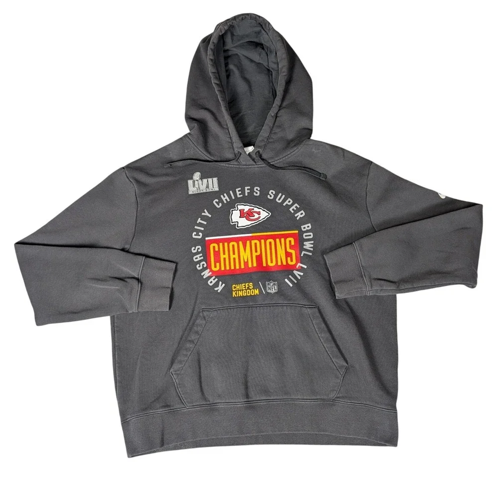 Nike Kansas City Chiefs Super Bowl LVII Champions Hoodie Charcoal Gray Mens M‎